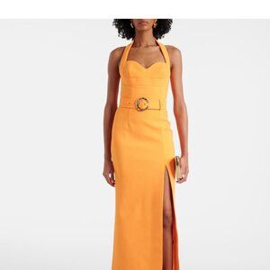 REBECCA VALLANCE Belted Halterneck Crepe Maxi Dress